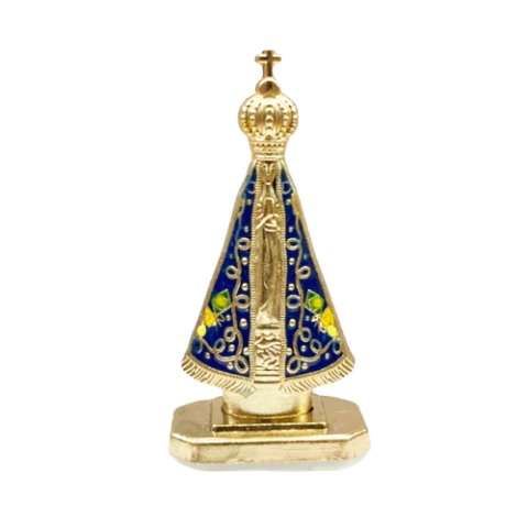 Enfeite Metal Imagem Nossa Senhora Aparecida Dourada com Azul Com Bandeira 8,5x5cm - comprar online