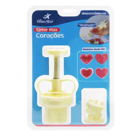 Blue Star Net Kit Ejetor Max Corações Contém: 5 Peças Tamanho aproximado do Ejetor: Largura 7cm x Comprimento 14,5cm. Diâmetro Aproximado do Carimbo: 3,5cm.  Com Kit Ejetor Max Corações é possível criar efeitos em 3D em brigadeiros, pasta americana, massa