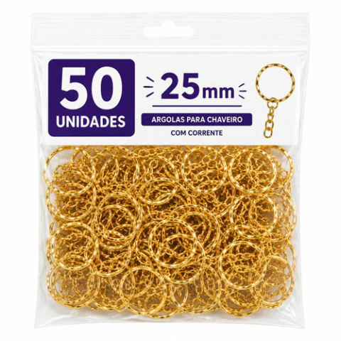 50 Argolas Para Chaveiro Ondulada Com Corrente Dourado 25mm
