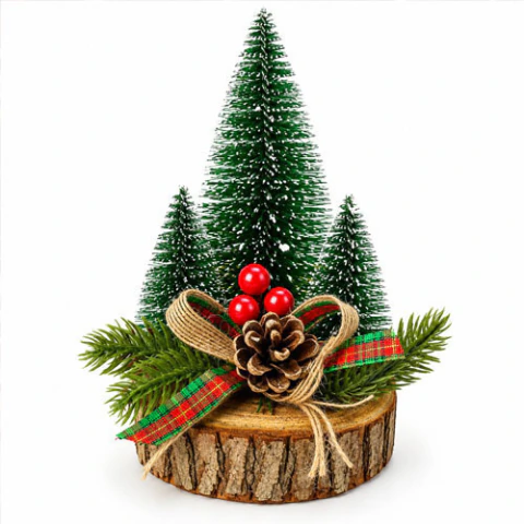 Enfeite Natalino Mini Floresta de Pinheiros Com Base Rústica De Madeira Decorada