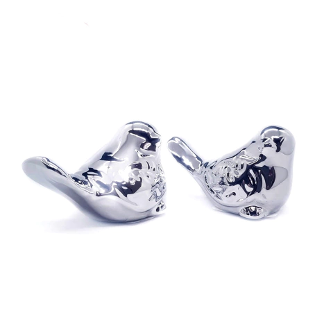 Enfeite Passarinho em Cerâmica Prata 4x6,5cm BF1694