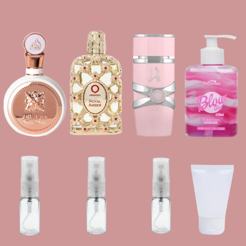 COMBO TENTAÇÃO ENCANTADORA FAKHAR + ROYAL + YARA + GANHE MINI BLOW GIRL 30 ML (15 ML PERFUMES TOTAL)