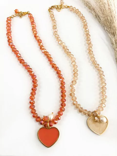 COD PP001 - Colar Coração Resinado No Banho Flash Com Cristais e Pérola de Água Doce - Unidade