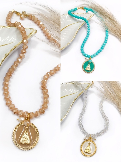COD PP023 - Colar de Cristal e Pérola de Água Doce Nossa Senhora Aparecida - Unidade
