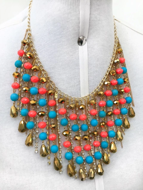 COD PP008 - Maxi Colar Franja Com Howlitas Turquesas, Cristais e Correntes - Unidade