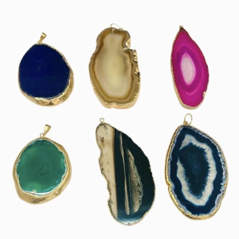 COD KI011 - Kit C/6 Pingentes de Chapa de Ágata Banhado a Ouro