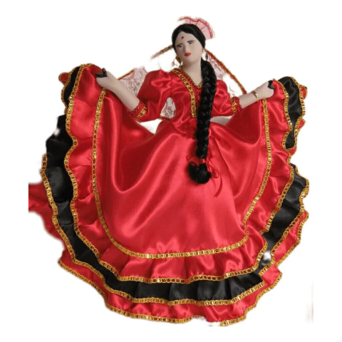 Boneca Cigana de Porcelana Preta com Vermelho Exclusiva - 42cm