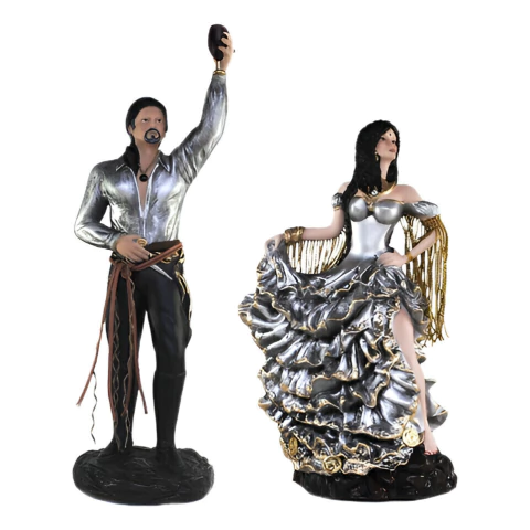Kit Casal Cigano Prateado Luxo Em Resina 26cm