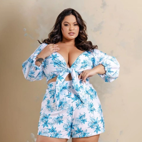 Conjunto Plus Size Estampado Croped Manga Longa + Short 0567