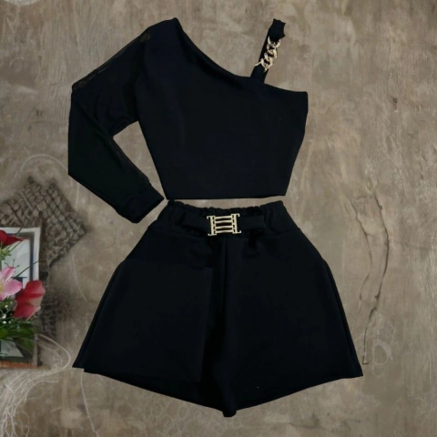 Conjunto Plus Size Cropped Uma Manga de Tule + Short 0534