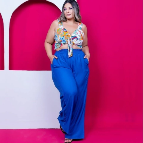 Conjunto Feminino Plus Size Calça Pantalona e Cropped 0254