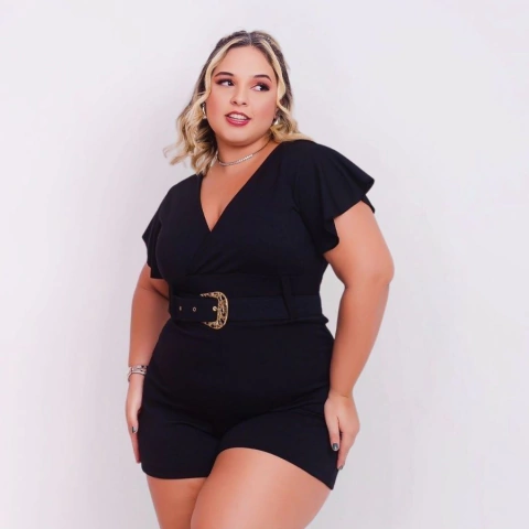 Macaquinho Plus Size Feminino Decote V c Cinto 0558