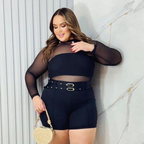 Conjunto Plus Size Tule + Cropped + Short Cinto Duplo 0559