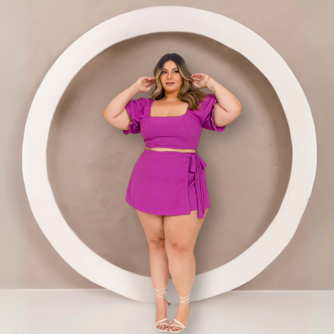 Conjunto Plus Size Cropped e Short Saia Estampado 0599
