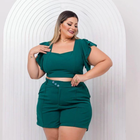 Conjunto Plus Size Cropped Manga Babado + Short Botão 0497