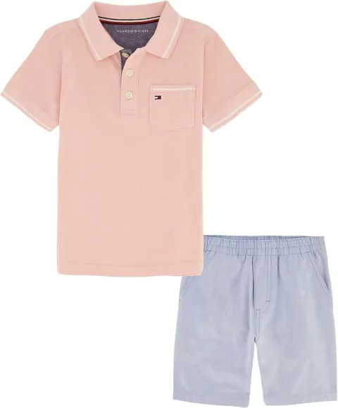 Conjunto Tommy Hilfiger Camisa polo de malha piquet de manga curta e conjunto de shorts oxford