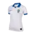 Camisa branca feminina do Brasil 2019 modelo III com gola azul da Nike e escudo da CBF bordado
