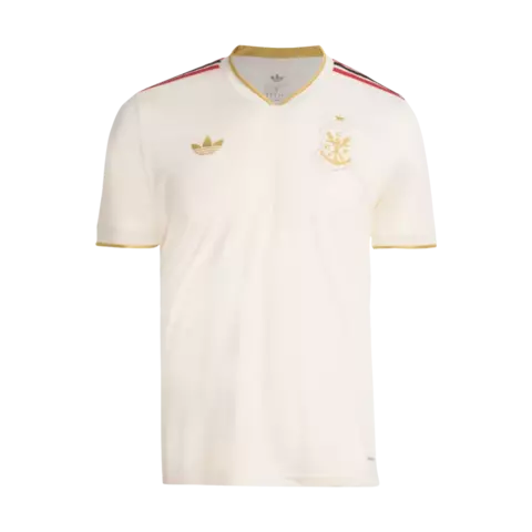 Terceira camisa Flamengo 2025/2026 masculina off-white Adidas, com grafismos que simulam remos, detalhes dourados, listras vermelhas e pretas nos ombros, escudo do remo e monograma CRF, para torcedores.