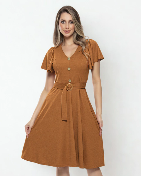 Vestido Clássico com Mangas Godês e Faixa - comprar online
