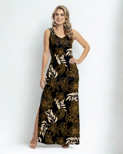 Vestido Longo com Fendas Laterais e Saia Reta - comprar online