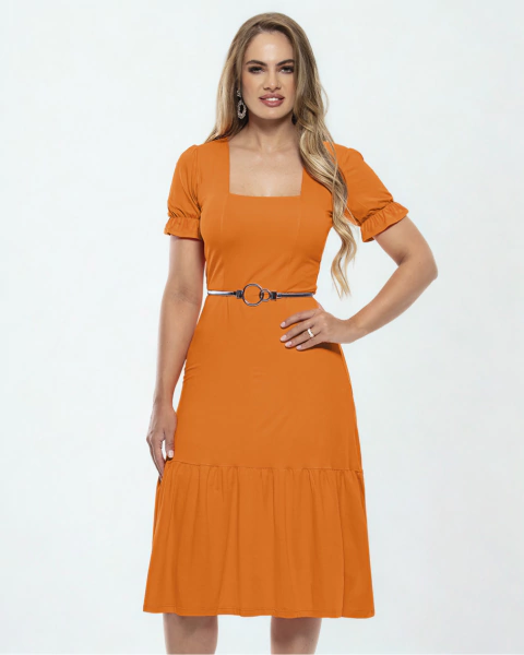 Vestido Midi Laranja Com Decote Quadrado E Saia Godê - comprar online