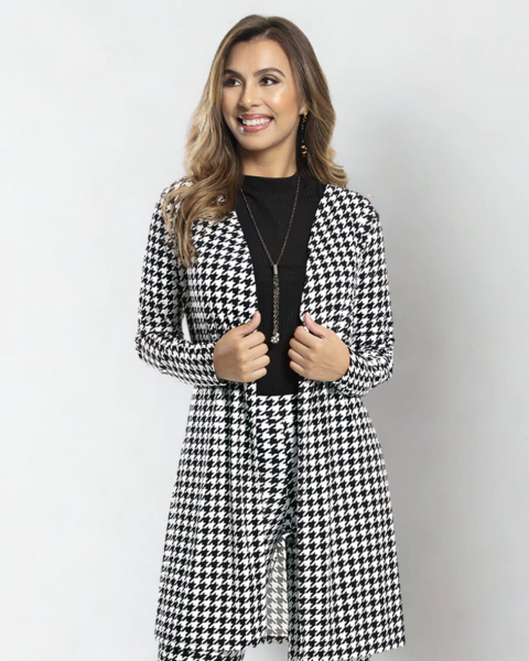 Casaco Alongado em Estampa Pied-de-Poule com Mangas Longas - comprar online