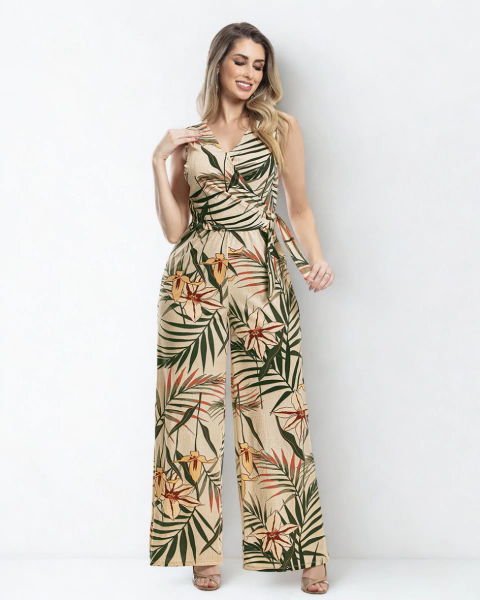 Macacão Pantalona Decote Transpassado com Faixa Lateral - comprar online