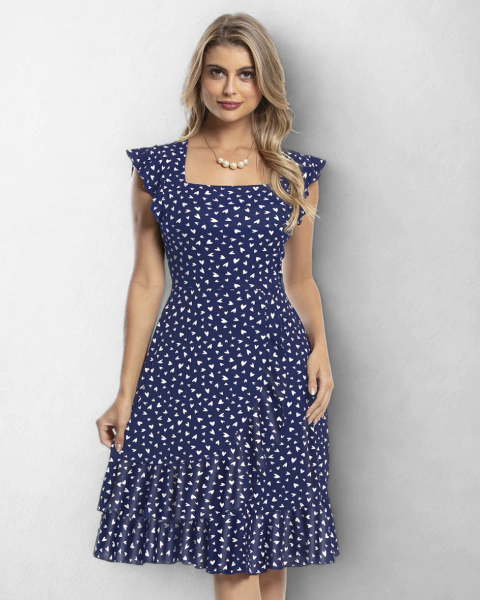 Vestido Azul Clássico com Babado e Decote Quadrado - comprar online