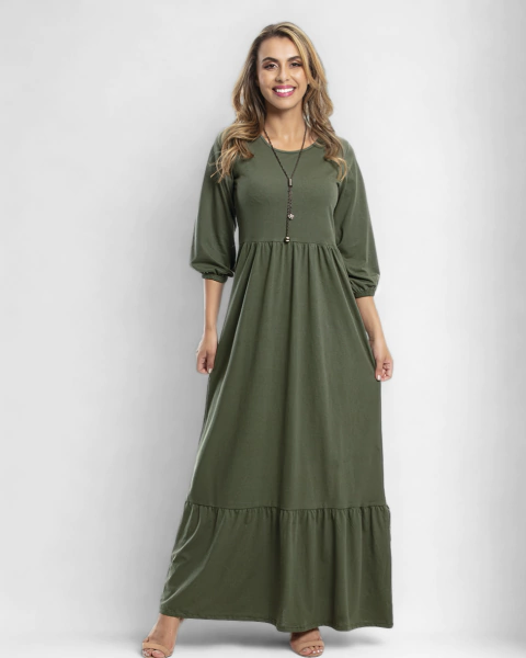 Vestido Longo Verde Militar com Mangas Bufantes e Babado - comprar online