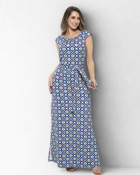 Vestido Longo Com Decote Canoa e Faixa na Cintura Estampa Geométrica - comprar online