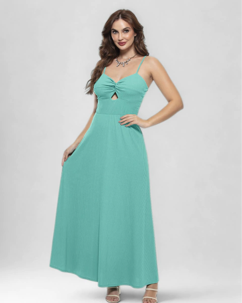 Vestido Longo Verde Com Babado E Faixa Ajustável - comprar online