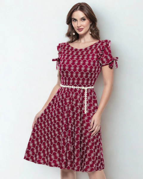 Vestido Vermelho Com Manga Godê E Saia Com Babado - comprar online
