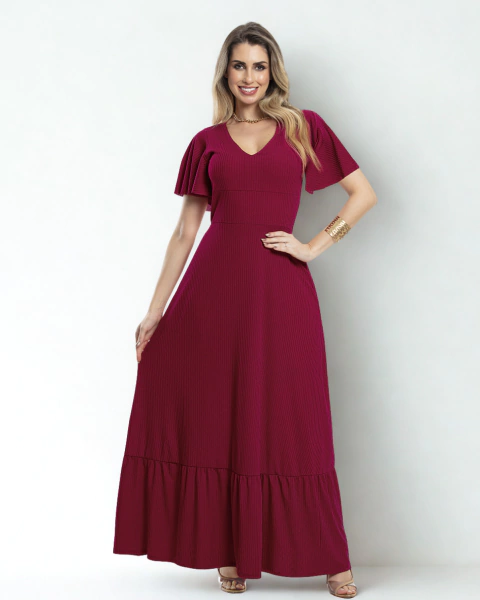 Vestido Longo em Cor Ameixa e Mangas Curtas com Godê - comprar online
