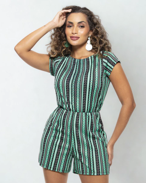 Macaquinho com Gola Redonda e Abertura Costas Listrado Verde - comprar online