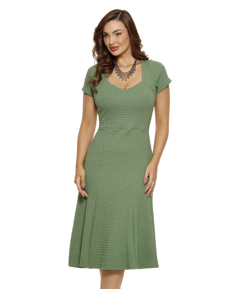 Vestido Midi com Decote V e Saia Evasê – Moda Feminina