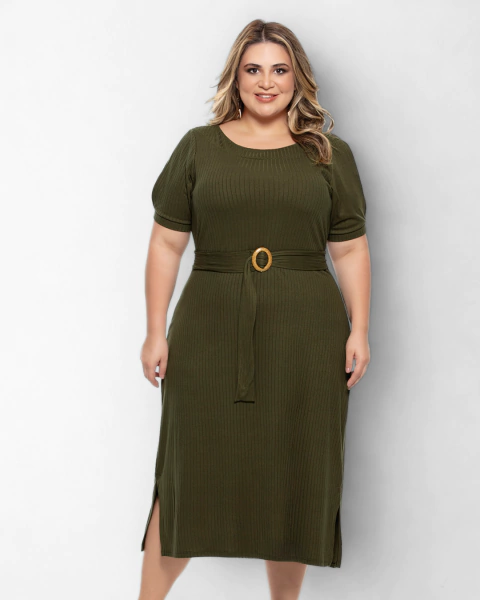 Vestido Midi Verde com Faixa e Fendas Laterais – Moda Plus Size - comprar online