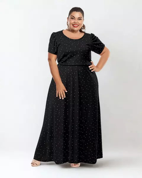 Vestido Preto Longo Poá com Saia Godê - comprar online