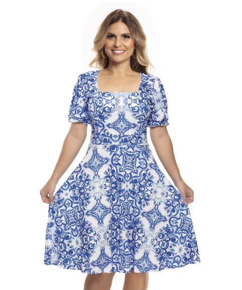 Vestido Clássico, Mangas Bufantes e Saia Godê –Moda Feminina