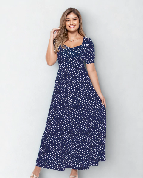 Vestido Longo Azul com Mangas Curtas e Decote Princesa - comprar online