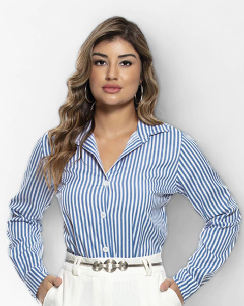 Camisa Listrada com Lapela e Mangas Longas - comprar online
