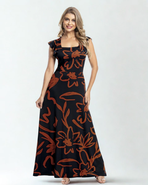 Vestido Longo, Mangas com Babado e Saia Godê - comprar online