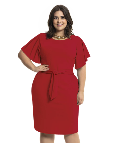 Vestido Clássico Com Faixa E Mangas Godê – Moda Plus Size