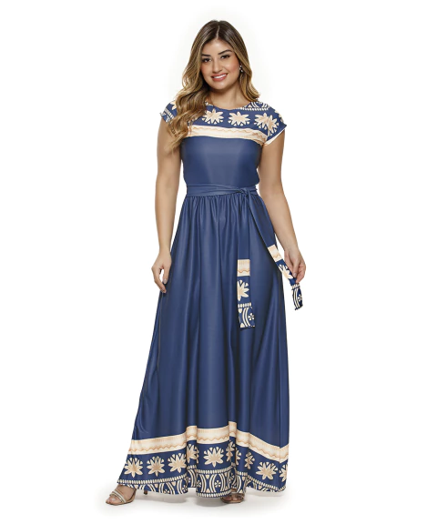 Vestido Longo com Faixa e Saia Godê – Moda Feminina