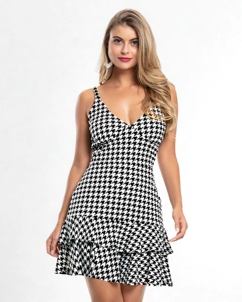 Vestido Branco Pied Poule com Decote em V e Babado - comprar online