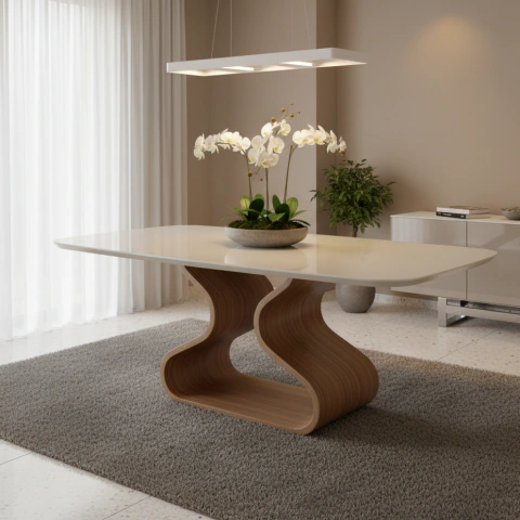 Mesa Betânia 6 Lugares 180cm x 90cm Tampo Vidro Off White Base Freijó