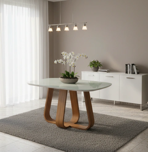 Mesa de Jantar Retangular Helena Cor Freijó com vidro Off White 117 cm