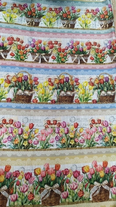 TECIDO TRICOLINE DIGITAL 100% ALGODÃO - Barrado para pano de prato - cesta com tulipas - comprar online