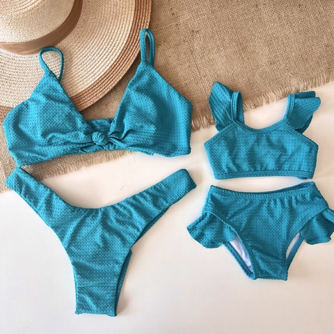 Kit Biquíni tal mãe tal filha azul poá