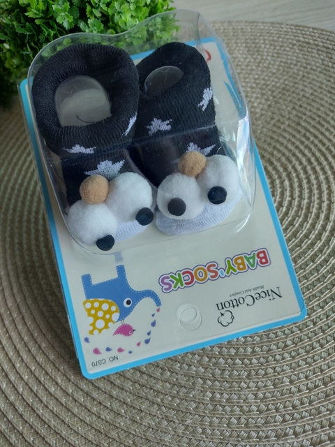 Meia Pantufa de Bebê 3D com Bichinhos Preta de Olhinhos