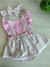Romper Jardineira com Saia Bebê Menina Junino Estampado Rosa com Coração Bordado